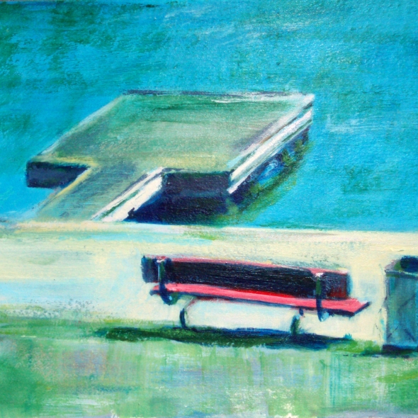 Red Bench by the lake painting